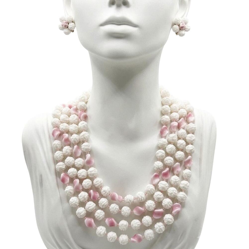 Vintage West Germany White Pink Plastic Bead Necklace & ClipOn Earring Set